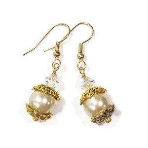 Gold and Ivory Pearl Crystal Earrings Dangles Hook